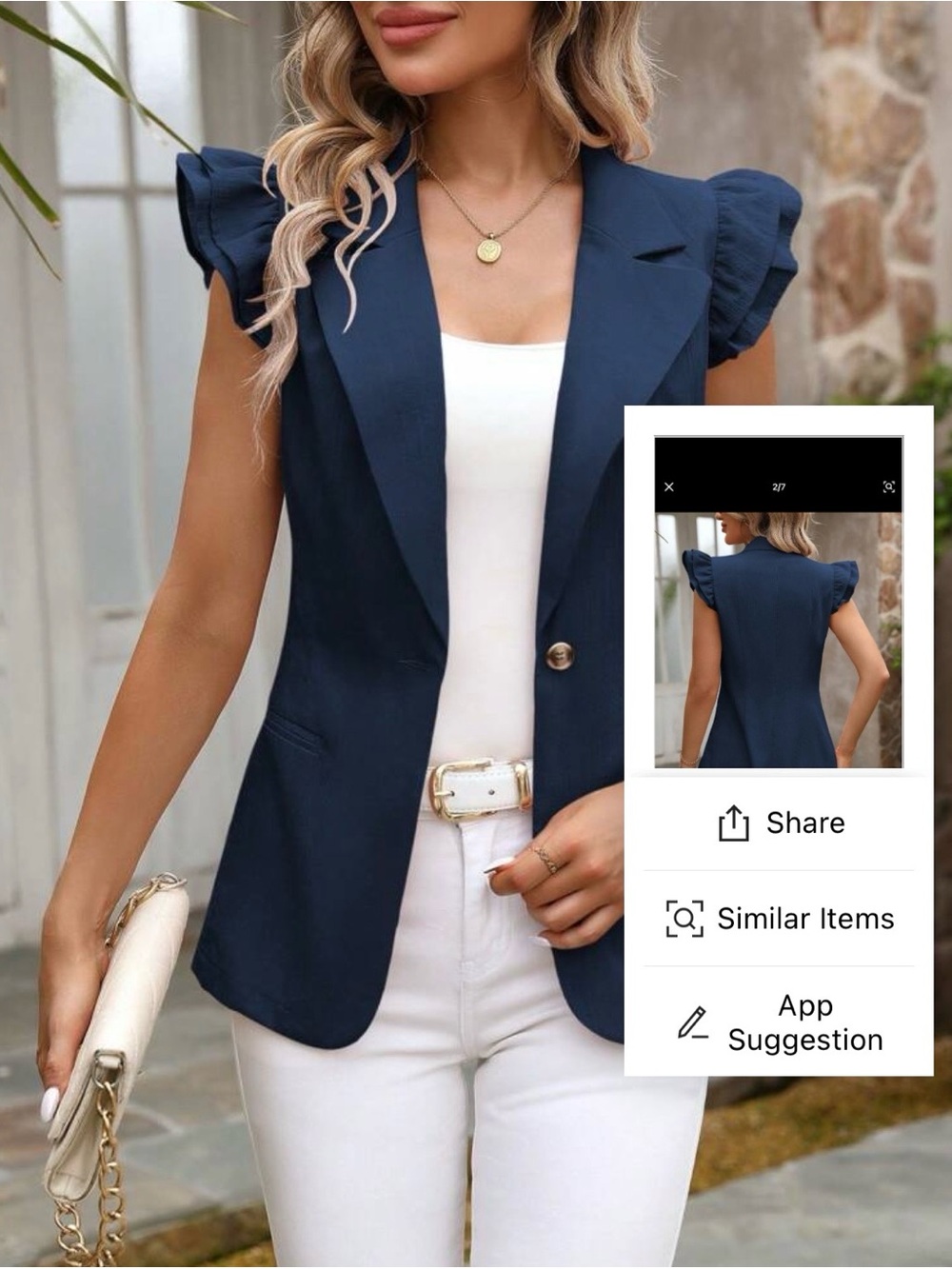 SHEIN Navy Ruffle Cap-Sleeve Blazer Vest - Picture 3 of 13